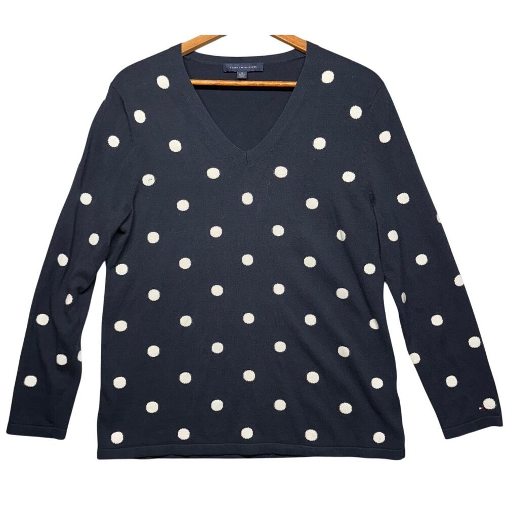 Tommy Hilfiger Preppy Navy Blue White Polka Dot V Neck Knit Sweater Women XL